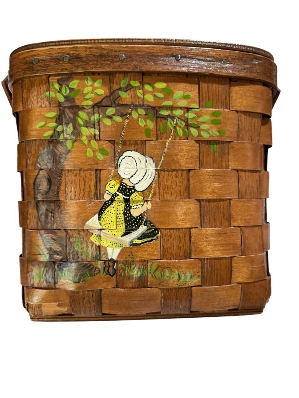 Vintage 60’s woven wooden purse hand painted girl on a swing